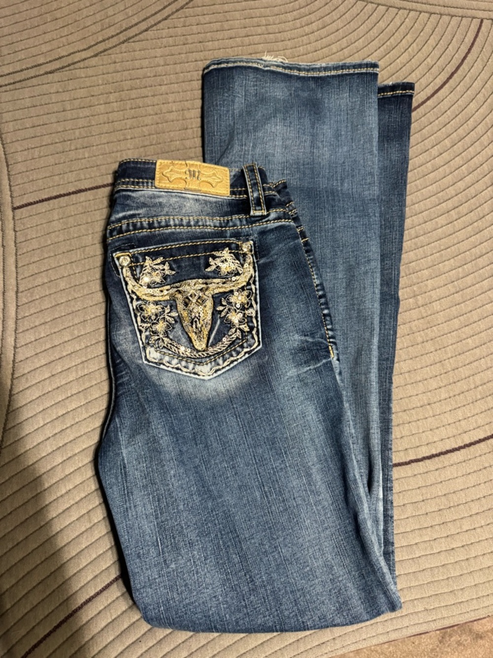 Miss Me Blue Bootcut Jeans with Gold Embroidery